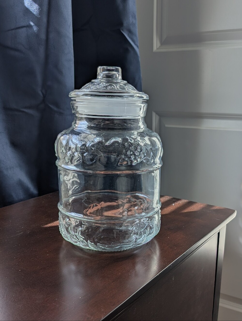 Vintage 1980s KIG Indonesia Clear Glass Storage Jar with Lid 11.5 Inches Fruit